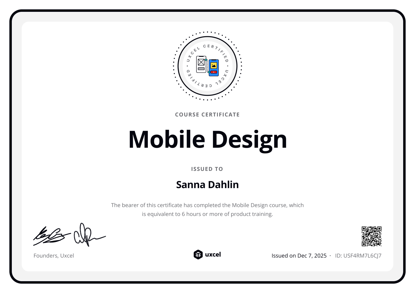 Sanna Dahlin's certificate